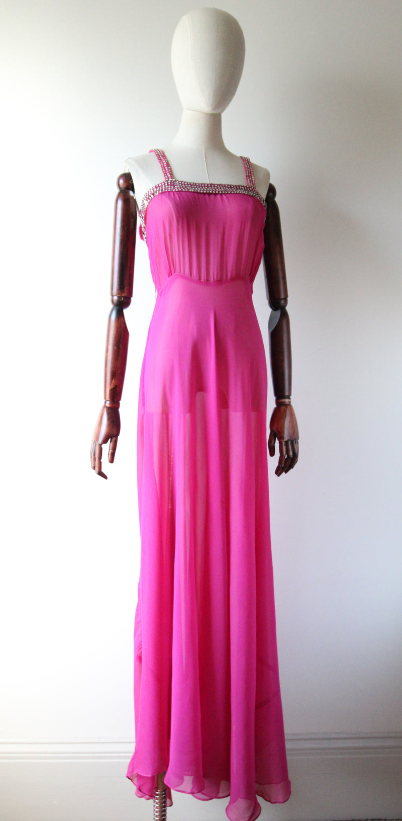 "Fuchsia Pink & Rhinestones" Vintage 1930's Fuchsia Pink Silk & Rhinestone Embellished Gown & Cape UK 6 US 2