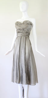 "Silver Pleated Organza" Vintage 1950's Silver Pleated Organza Dress UK 8 US 4