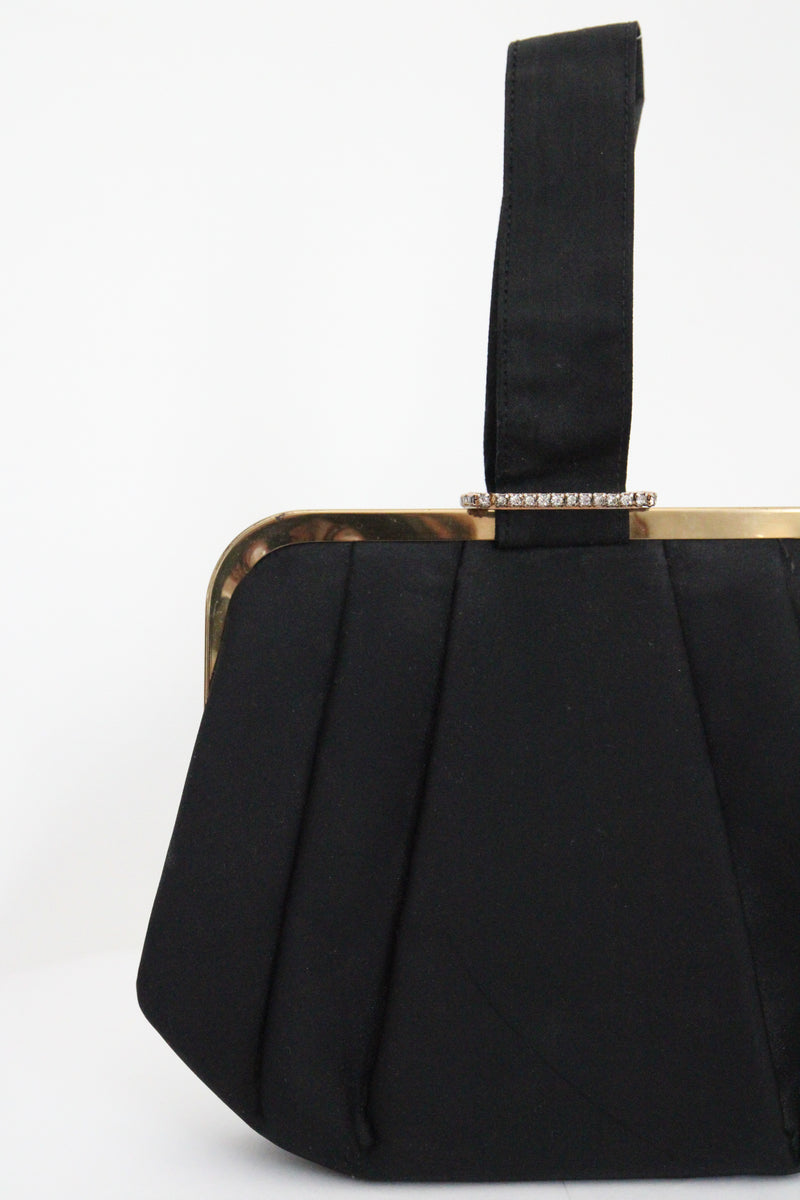 "Black Satin & Rhinestones" Vintage 1950's Black Satin & Rhinestone Wristlet Evening Bag
