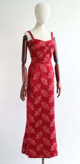 "Venetian Red Satin & Lamé" Vintage Late 1950's Red Satin & Lamé Embroidered Gown UK 8-10 US 4-6