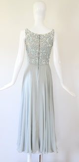 "Trailing White Daisies" Vintage 1960's Muted Blue Silk Chiffon Beaded Gown UK 6 US 2