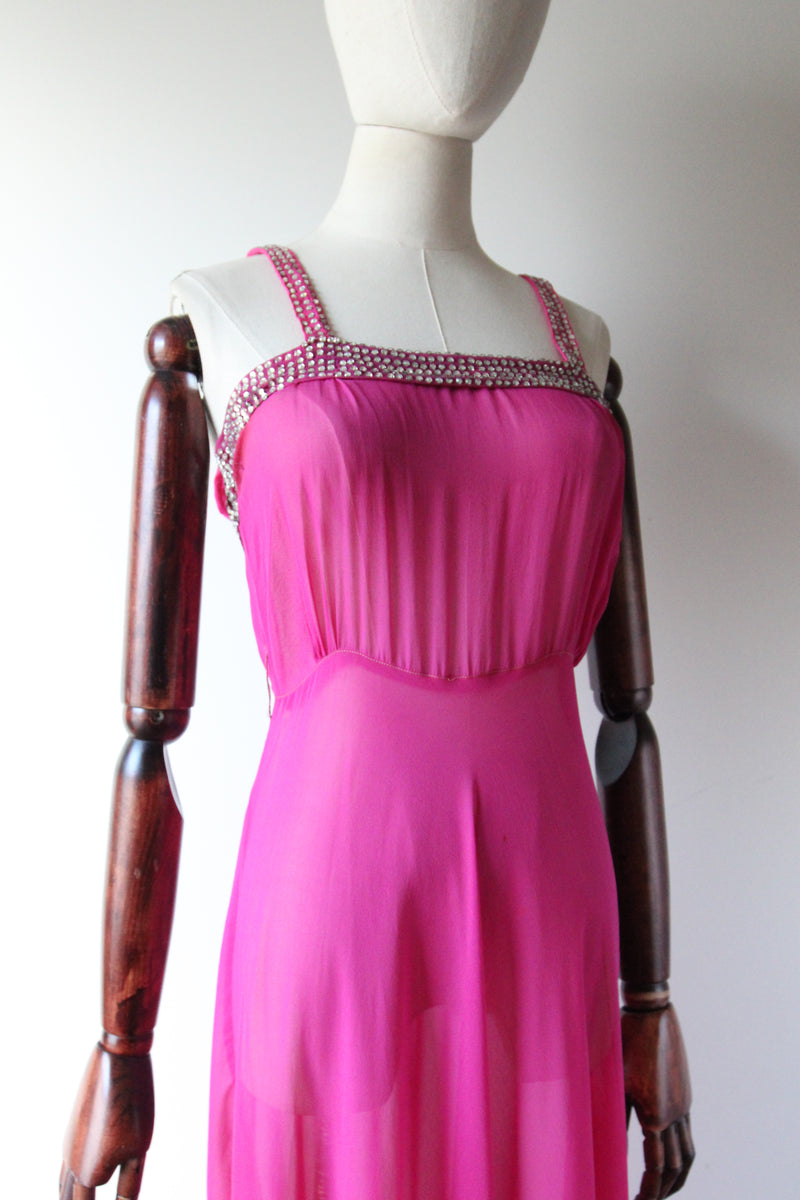 "Fuchsia Pink & Rhinestones" Vintage 1930's Fuchsia Pink Silk & Rhinestone Embellished Gown & Cape UK 6 US 2