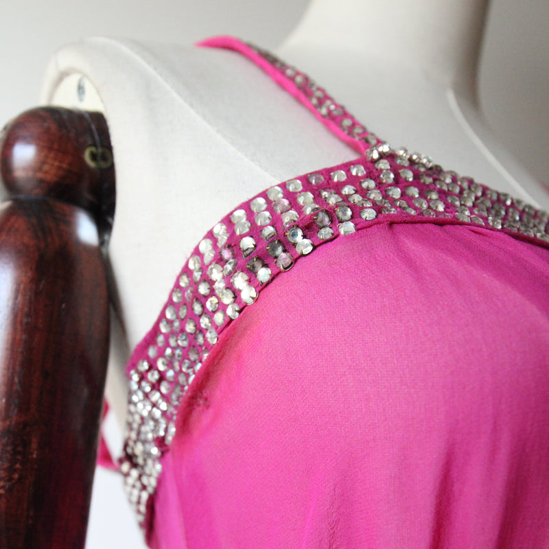 "Fuchsia Pink & Rhinestones" Vintage 1930's Fuchsia Pink Silk & Rhinestone Embellished Gown & Cape UK 6 US 2