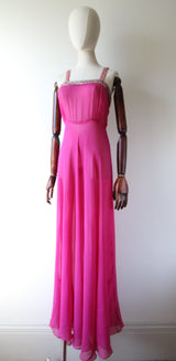 "Fuchsia Pink & Rhinestones" Vintage 1930's Fuchsia Pink Silk & Rhinestone Embellished Gown & Cape UK 6 US 2