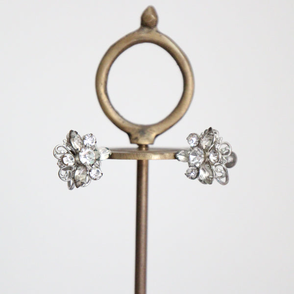 "Silver Florals" Vintage 1940's Silver Floral Rhinestone Screw Back Earrings