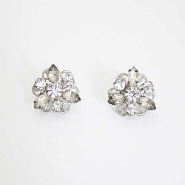 "Silver Florals" Vintage 1940's Silver Floral Rhinestone Screw Back Earrings