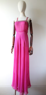 "Fuchsia Pink & Rhinestones" Vintage 1930's Fuchsia Pink Silk & Rhinestone Embellished Gown & Cape UK 6 US 2