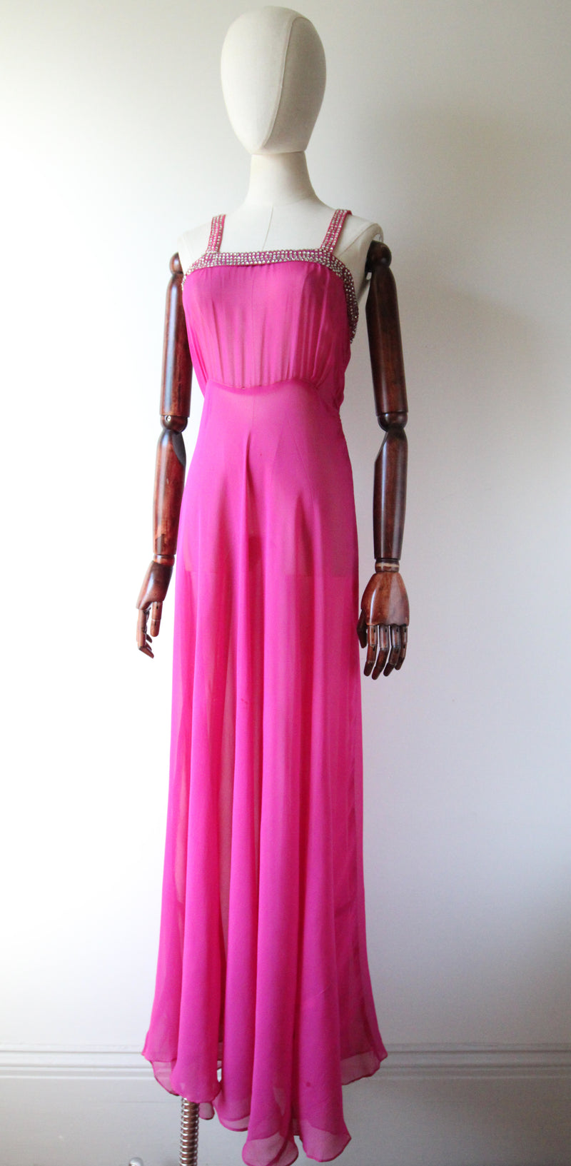 "Fuchsia Pink & Rhinestones" Vintage 1930's Fuchsia Pink Silk & Rhinestone Embellished Gown & Cape UK 6 US 2