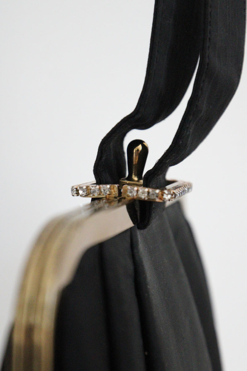 "Black Satin & Rhinestones" Vintage 1950's Black Satin & Rhinestone Wristlet Evening Bag