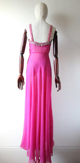 "Fuchsia Pink & Rhinestones" Vintage 1930's Fuchsia Pink Silk & Rhinestone Embellished Gown & Cape UK 6 US 2