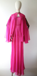 "Fuchsia Pink & Rhinestones" Vintage 1930's Fuchsia Pink Silk & Rhinestone Embellished Gown & Cape UK 6 US 2