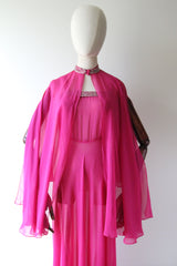 "Fuchsia Pink & Rhinestones" Vintage 1930's Fuchsia Pink Silk & Rhinestone Embellished Gown & Cape UK 6 US 2