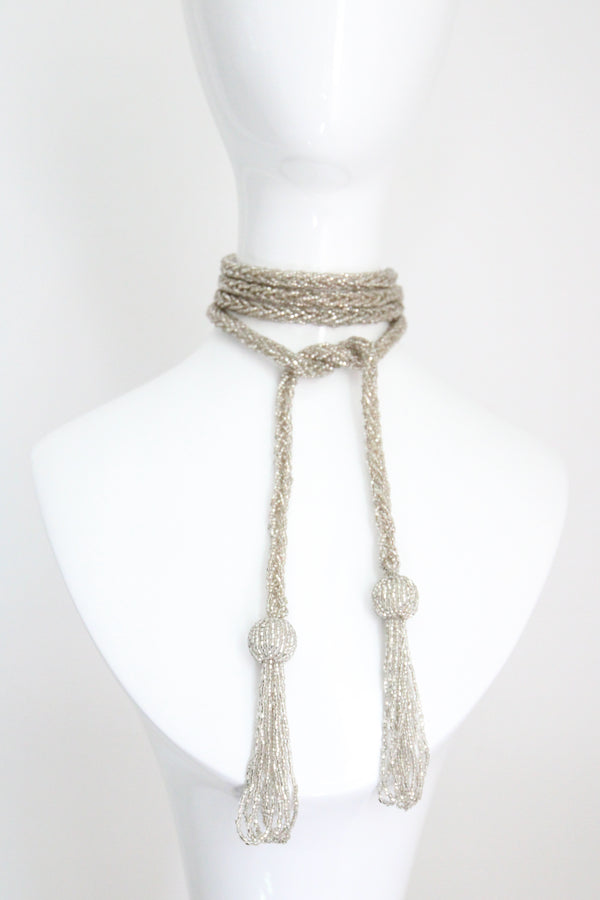 "Silver Lariat" Vintage 1960's Silver Beaded Lariat Necklace