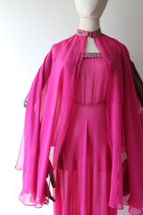 "Fuchsia Pink & Rhinestones" Vintage 1930's Fuchsia Pink Silk & Rhinestone Embellished Gown & Cape UK 6 US 2