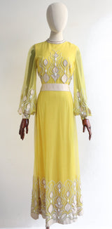 "Sicilian Yellow" Vintage 1960's Beaded Tulle Gown UK 10 US 6