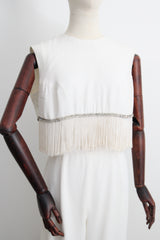 "Fringing & Rhinestones" Vintage 1960's Ivory Rhinestone & Fringed Blouse & Trouser Set UK 12 US 8