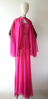 "Fuchsia Pink & Rhinestones" Vintage 1930's Fuchsia Pink Silk & Rhinestone Embellished Gown & Cape UK 6 US 2