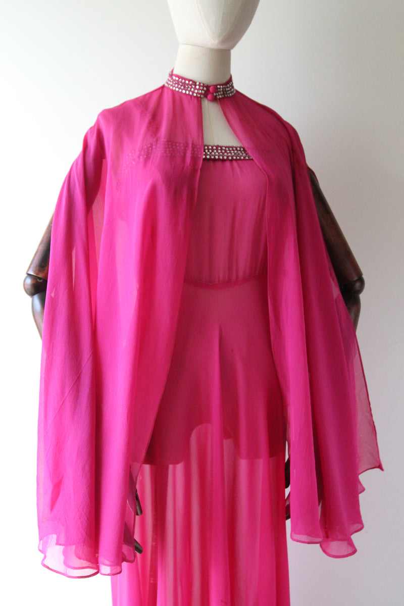 "Fuchsia Pink & Rhinestones" Vintage 1930's Fuchsia Pink Silk & Rhinestone Embellished Gown & Cape UK 6 US 2