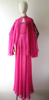 "Fuchsia Pink & Rhinestones" Vintage 1930's Fuchsia Pink Silk & Rhinestone Embellished Gown & Cape UK 6 US 2