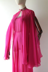 "Fuchsia Pink & Rhinestones" Vintage 1930's Fuchsia Pink Silk & Rhinestone Embellished Gown & Cape UK 6 US 2