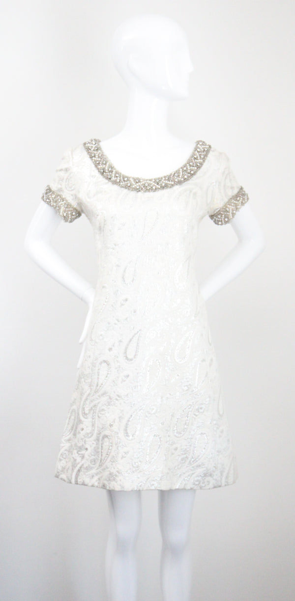 "Silver Paisley & Pearls" Vintage 1960's Beaded Silver Paisley Brocade Dress & Coat Ensemble UK 8 US 4