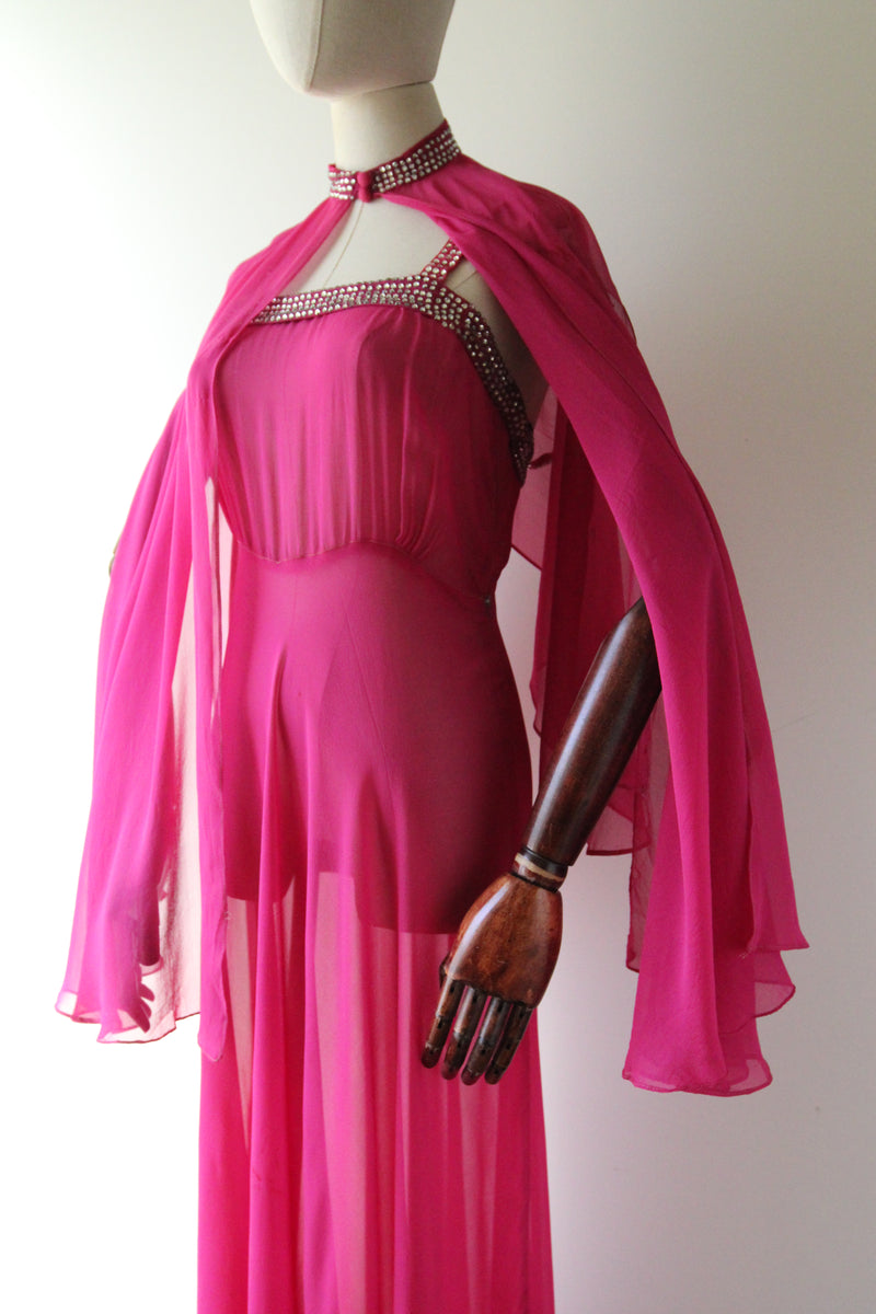 "Fuchsia Pink & Rhinestones" Vintage 1930's Fuchsia Pink Silk & Rhinestone Embellished Gown & Cape UK 6 US 2