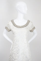 "Silver Paisley & Pearls" Vintage 1960's Beaded Silver Paisley Brocade Dress & Coat Ensemble UK 8 US 4