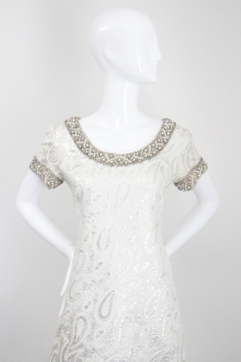 "Silver Paisley & Pearls" Vintage 1960's Beaded Silver Paisley Brocade Dress & Coat Ensemble UK 8 US 4
