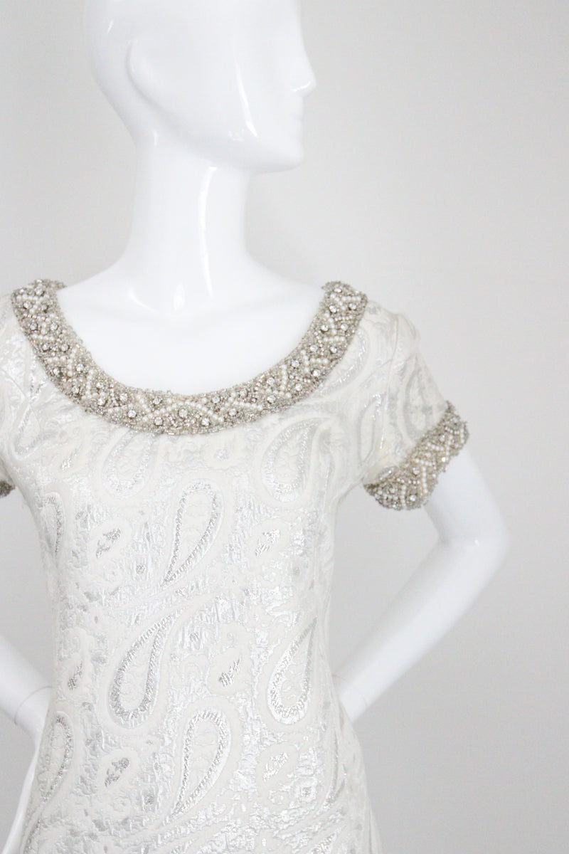 "Silver Paisley & Pearls" Vintage 1960's Beaded Silver Paisley Brocade Dress & Coat Ensemble UK 8 US 4