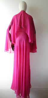 "Fuchsia Pink & Rhinestones" Vintage 1930's Fuchsia Pink Silk & Rhinestone Embellished Gown & Cape UK 6 US 2