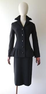 "Pierre Cardin" Vintage 1960's Black Pleated Wool Pierre Cardin Skirt Suit UK 12 US 8