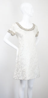 "Silver Paisley & Pearls" Vintage 1960's Beaded Silver Paisley Brocade Dress & Coat Ensemble UK 8 US 4