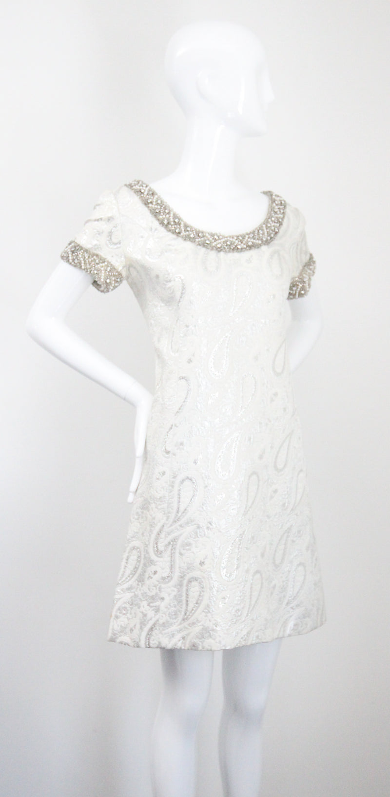 "Silver Paisley & Pearls" Vintage 1960's Beaded Silver Paisley Brocade Dress & Coat Ensemble UK 8 US 4