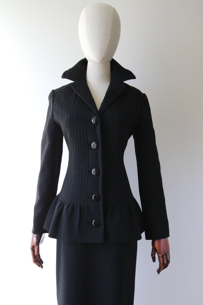 "Pierre Cardin" Vintage 1960's Black Pleated Wool Pierre Cardin Skirt Suit UK 12 US 8