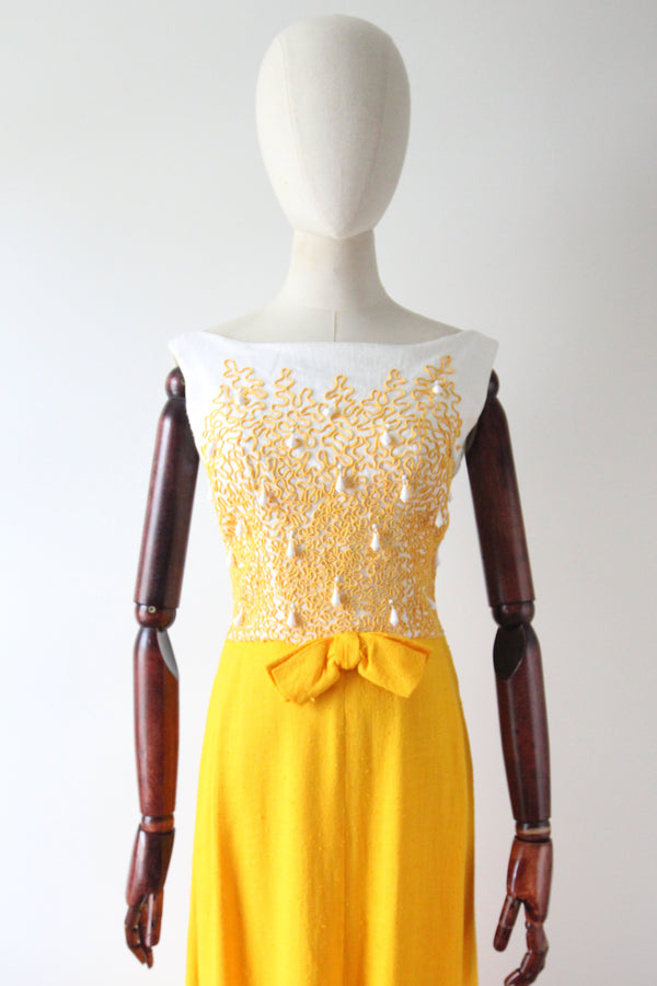 "Amber Yellow Soutache" Vintage 1960's Amber Yellow Soutache & Bead Embellished Dress UK 8-10 US 4-6