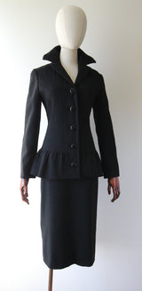 "Pierre Cardin" Vintage 1960's Black Pleated Wool Pierre Cardin Skirt Suit UK 12 US 8