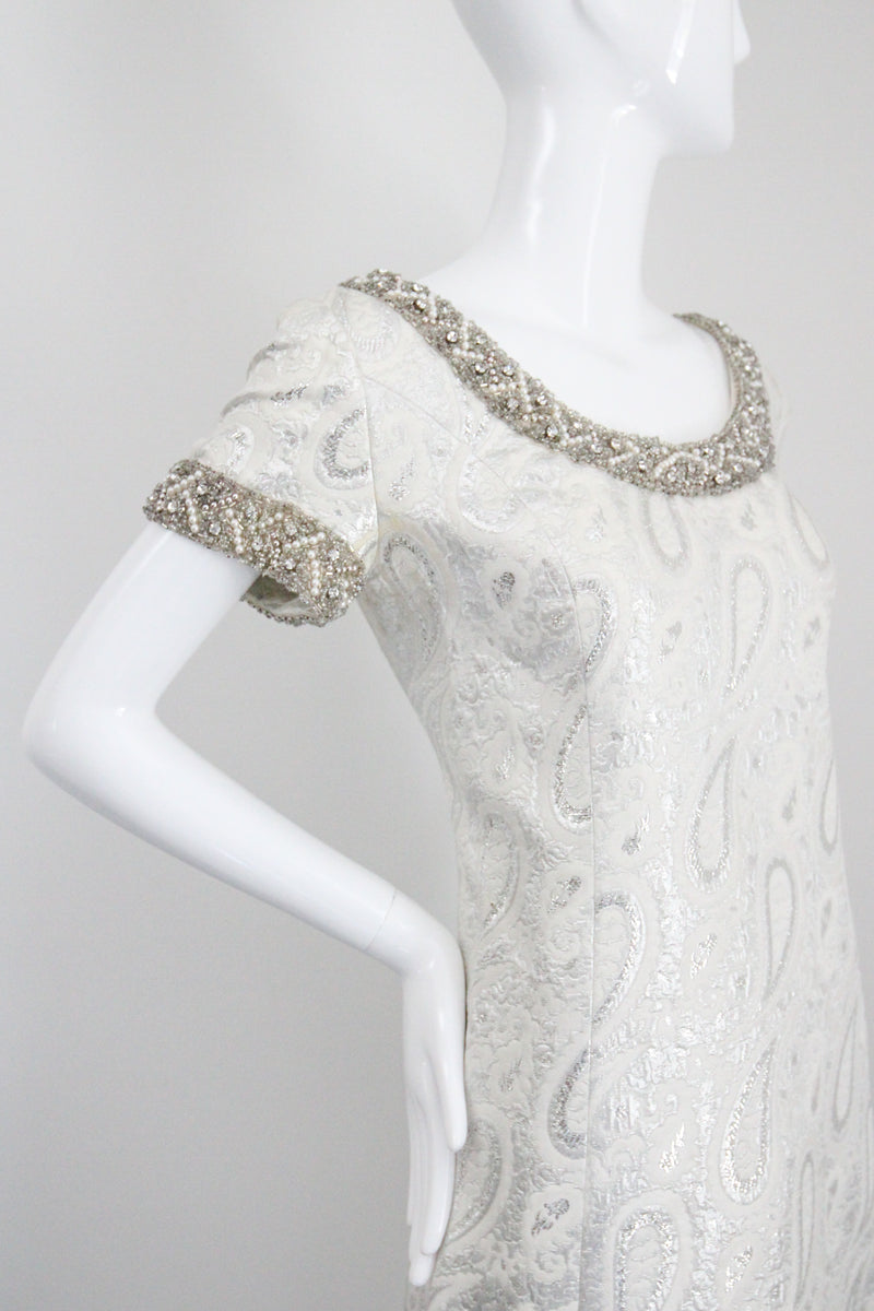 "Silver Paisley & Pearls" Vintage 1960's Beaded Silver Paisley Brocade Dress & Coat Ensemble UK 8 US 4