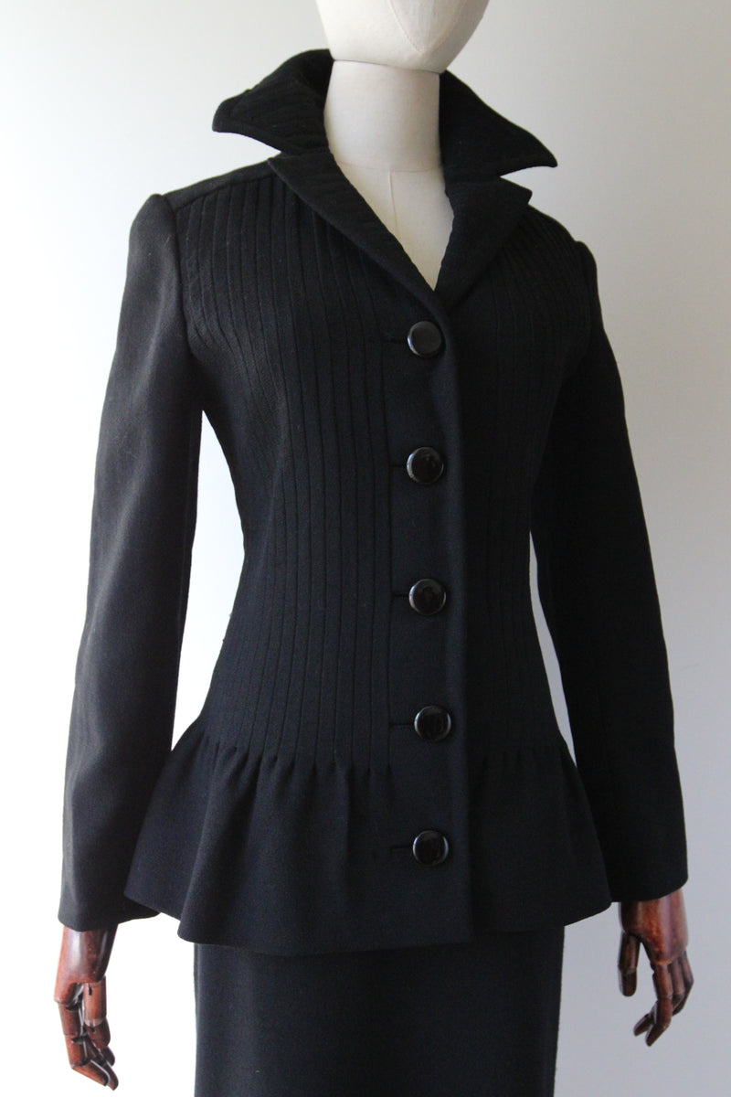 "Pierre Cardin" Vintage 1960's Black Pleated Wool Pierre Cardin Skirt Suit UK 12 US 8