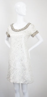 "Silver Paisley & Pearls" Vintage 1960's Beaded Silver Paisley Brocade Dress & Coat Ensemble UK 8 US 4