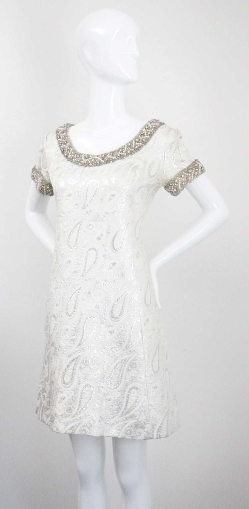 "Silver Paisley & Pearls" Vintage 1960's Beaded Silver Paisley Brocade Dress & Coat Ensemble UK 8 US 4