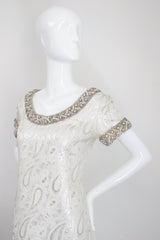 "Silver Paisley & Pearls" Vintage 1960's Beaded Silver Paisley Brocade Dress & Coat Ensemble UK 8 US 4