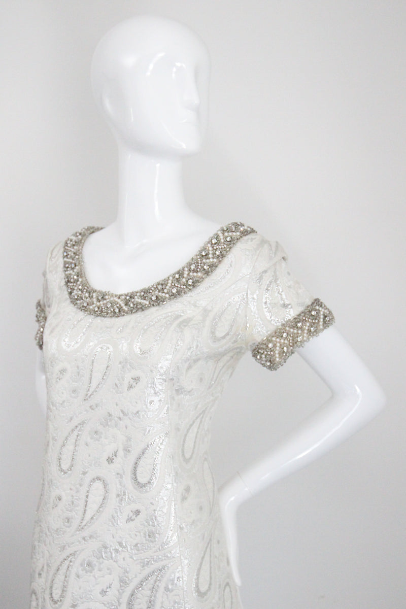 "Silver Paisley & Pearls" Vintage 1960's Beaded Silver Paisley Brocade Dress & Coat Ensemble UK 8 US 4