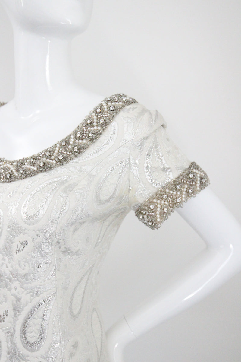 "Silver Paisley & Pearls" Vintage 1960's Beaded Silver Paisley Brocade Dress & Coat Ensemble UK 8 US 4