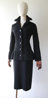 "Pierre Cardin" Vintage 1960's Black Pleated Wool Pierre Cardin Skirt Suit UK 12 US 8