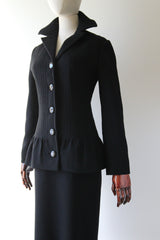 "Pierre Cardin" Vintage 1960's Black Pleated Wool Pierre Cardin Skirt Suit UK 12 US 8