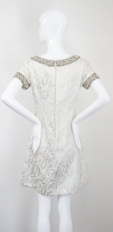 "Silver Paisley & Pearls" Vintage 1960's Beaded Silver Paisley Brocade Dress & Coat Ensemble UK 8 US 4