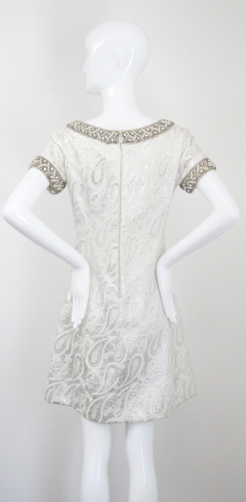"Silver Paisley & Pearls" Vintage 1960's Beaded Silver Paisley Brocade Dress & Coat Ensemble UK 8 US 4