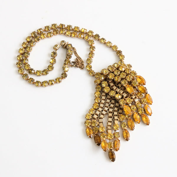 "Honey Waterfall" Vintage 1950's Yellow Rhinestone Waterfall Pendant Necklace