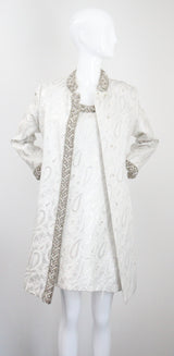 "Silver Paisley & Pearls" Vintage 1960's Beaded Silver Paisley Brocade Dress & Coat Ensemble UK 8 US 4