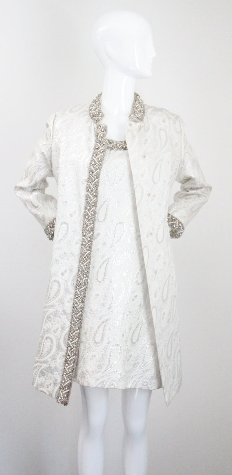 "Silver Paisley & Pearls" Vintage 1960's Beaded Silver Paisley Brocade Dress & Coat Ensemble UK 8 US 4